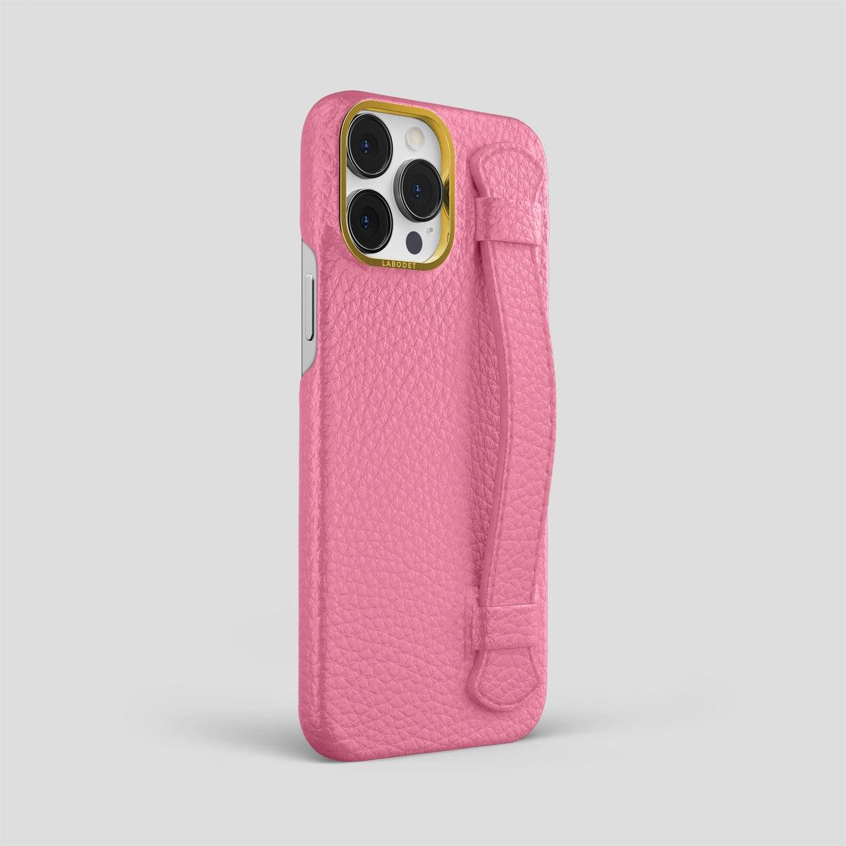 Pink iPhone 15 Pro Max Strap Case Calf with Gold Metal -2 | Pink-Gold