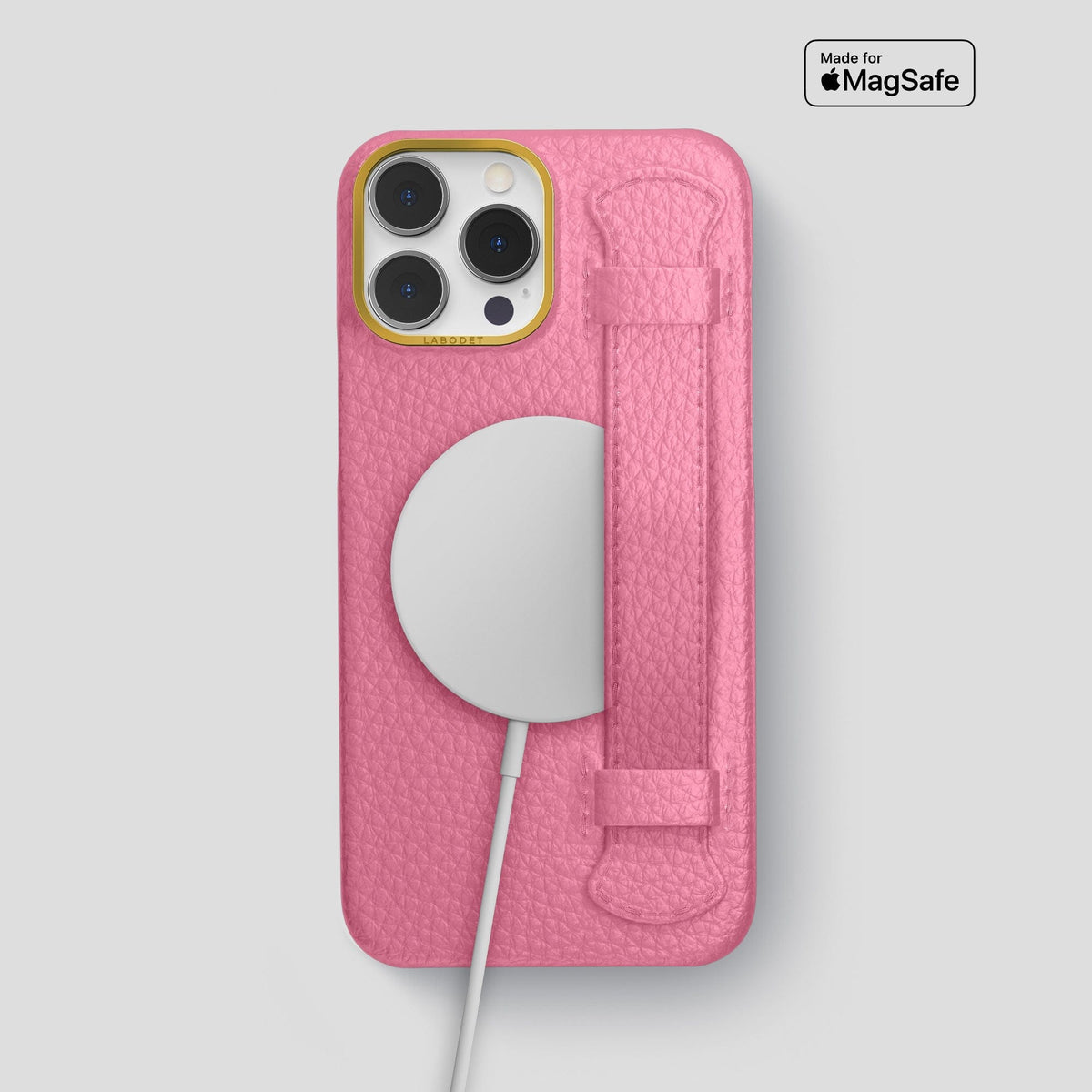 Pink iPhone 15 Pro Max Strap Case Calf with Gold Metal -5 | Pink-Gold