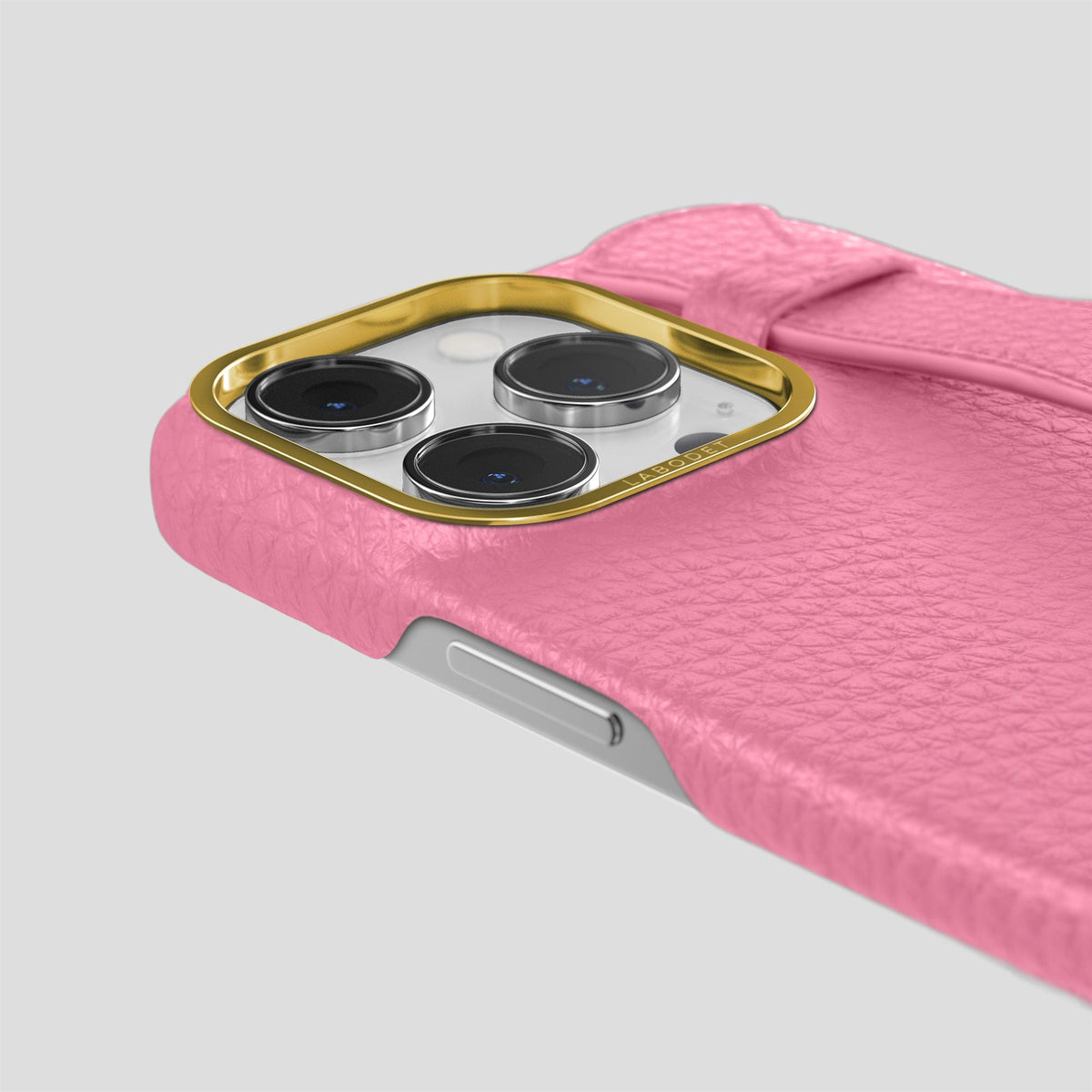 Pink iPhone 15 Pro Max Strap Case Calf with Gold Metal -6 | Pink-Gold