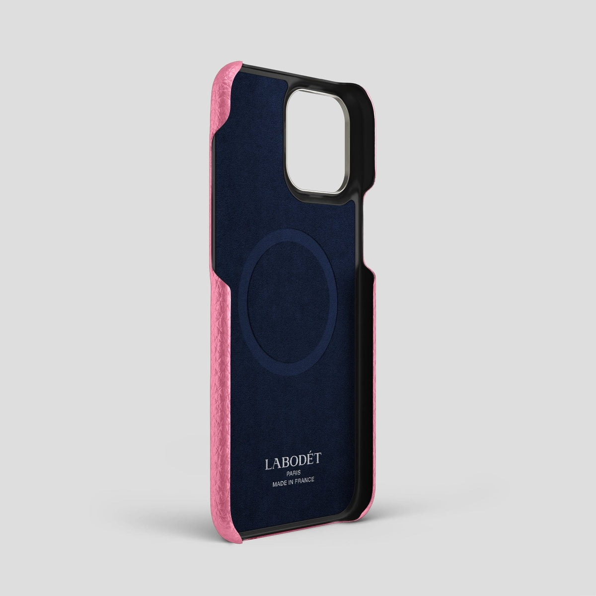 Pink iPhone 15 Pro Max Strap Case Calf with Steel Metal -4 | Pink-Steel