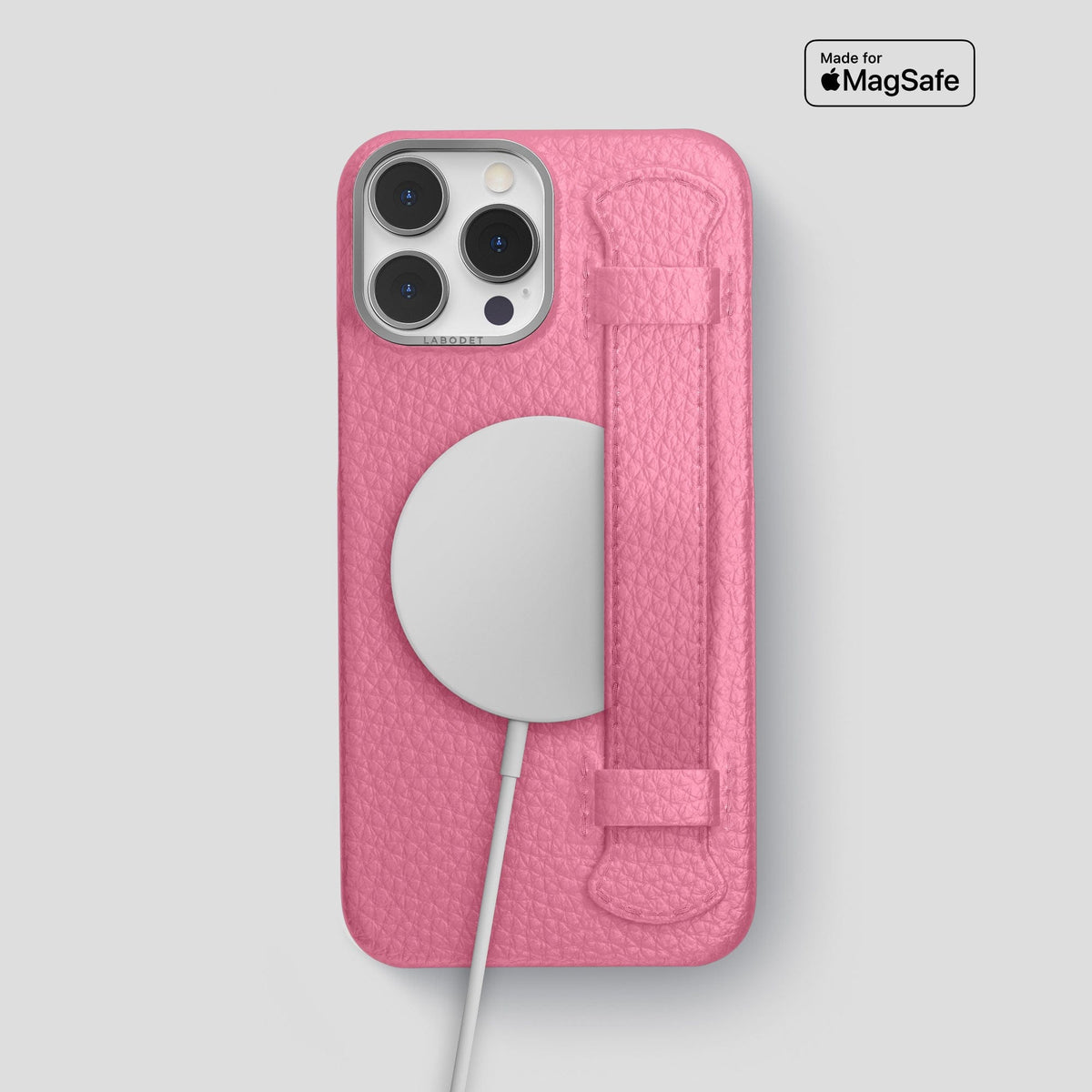 Pink iPhone 15 Pro Max Strap Case Calf with Steel Metal -5 | Pink-Steel