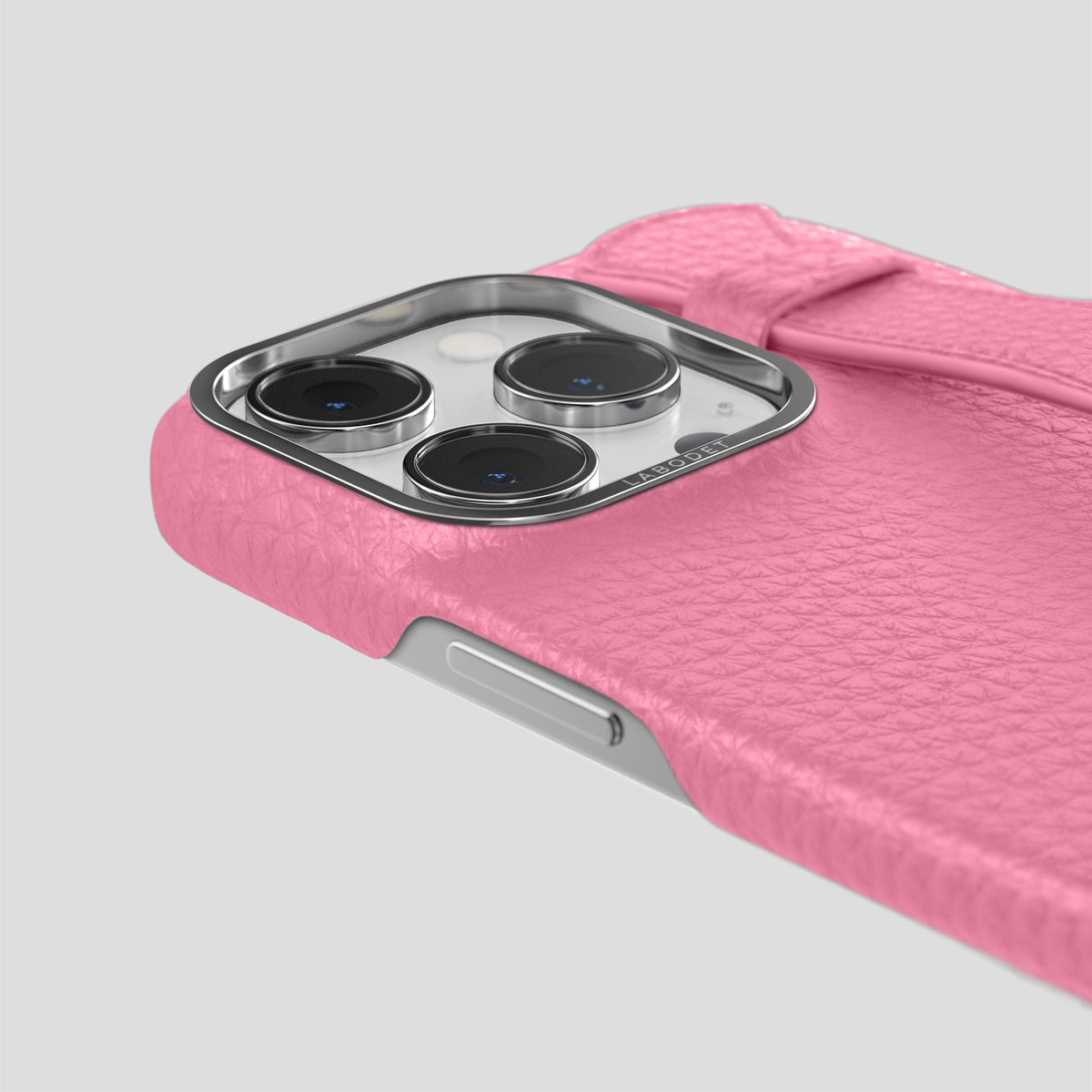 Pink iPhone 15 Pro Max Strap Case Calf with Steel Metal -6 | Pink-Steel