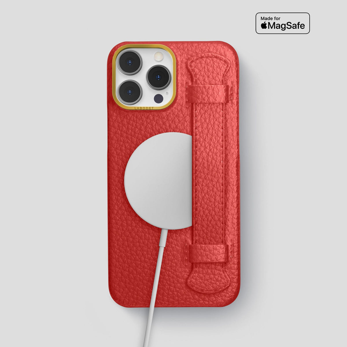 Red iPhone 15 Pro Max Strap Case Calf with Gold Metal -5 | Red-Gold