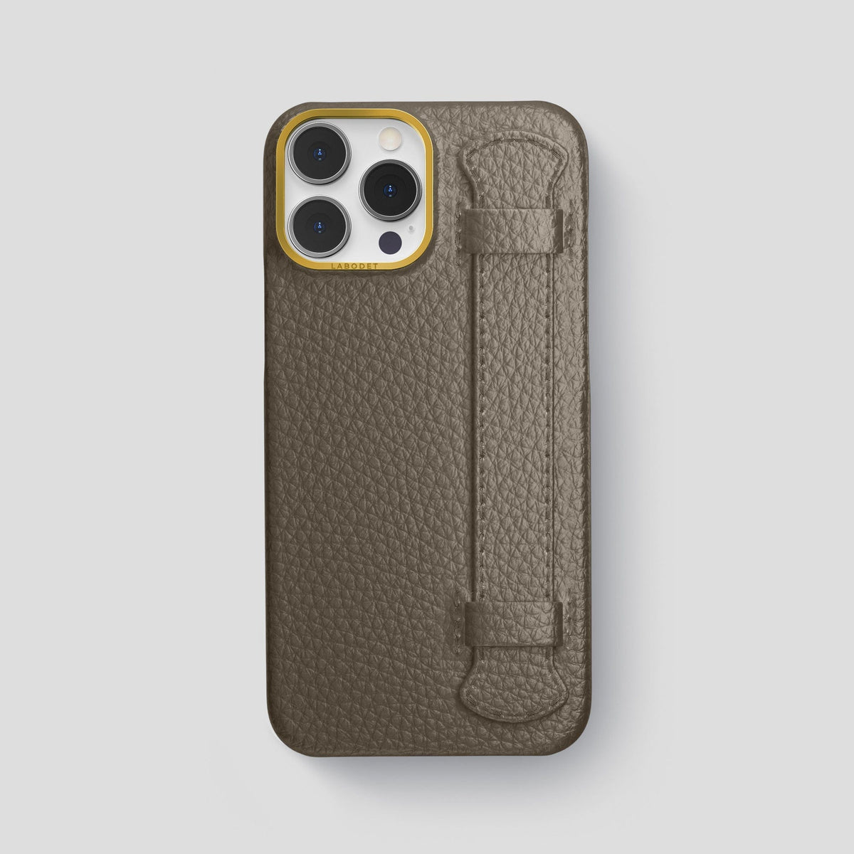 Taupe iPhone 15 Pro Max Strap Case Calf with Gold Metal -1 | Taupe-Gold