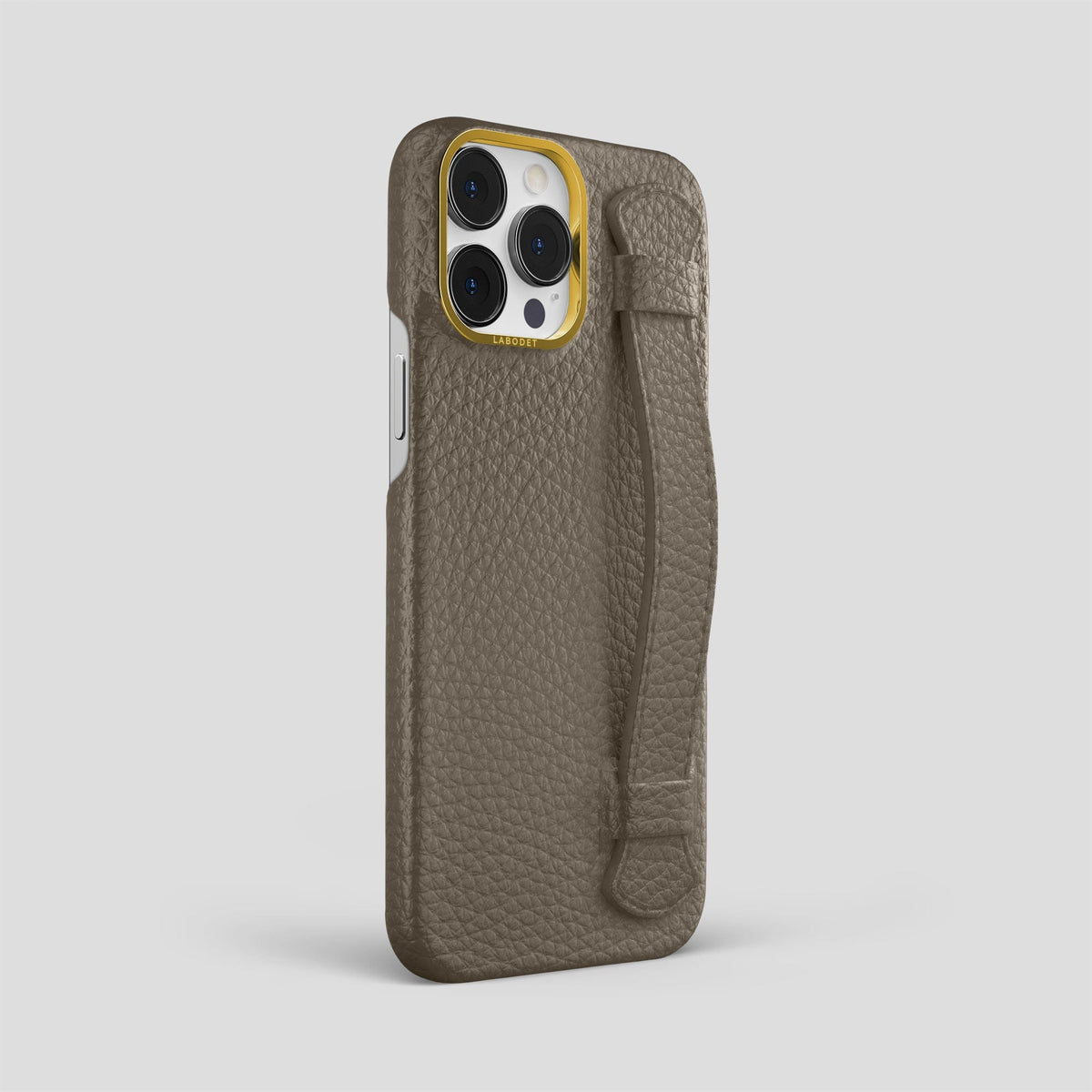 Taupe iPhone 15 Pro Max Strap Case Calf with Gold Metal -2 | Taupe-Gold
