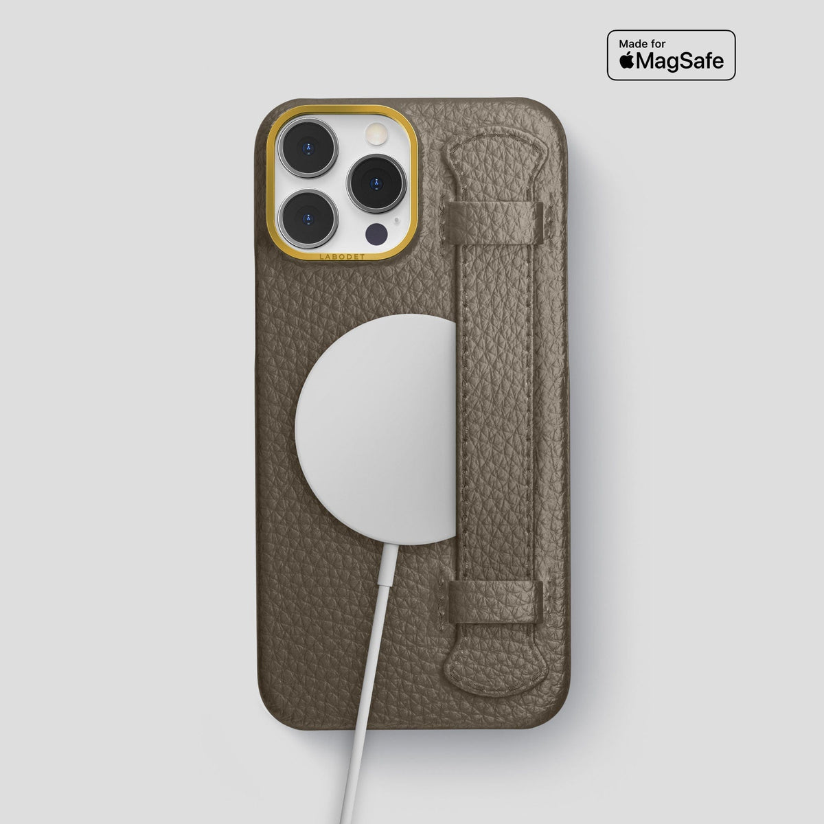 Taupe iPhone 15 Pro Max Strap Case Calf with Gold Metal -5 | Taupe-Gold