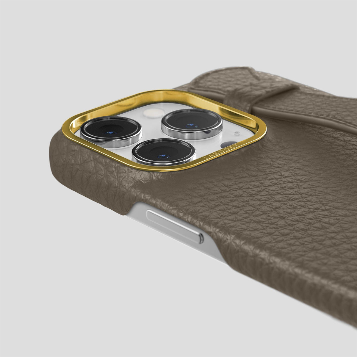 Taupe iPhone 15 Pro Max Strap Case Calf with Gold Metal -6 | Taupe-Gold