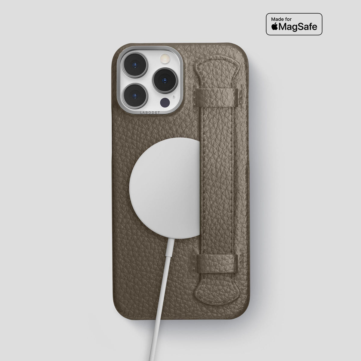 Taupe iPhone 15 Pro Max Strap Case Calf with Steel Metal -5 | Taupe-Steel