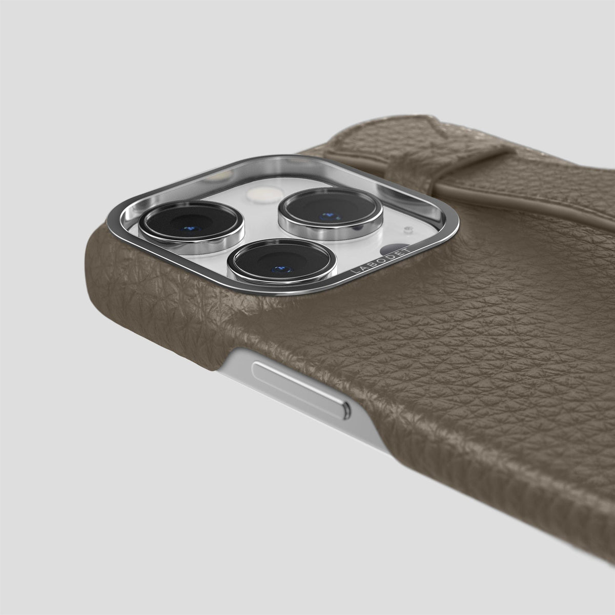 Taupe iPhone 15 Pro Max Strap Case Calf with Steel Metal -6 | Taupe-Steel