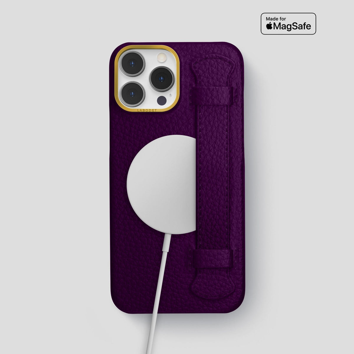 Violet iPhone 15 Pro Max Strap Case Calf with Gold Metal -5 | Violet-Gold