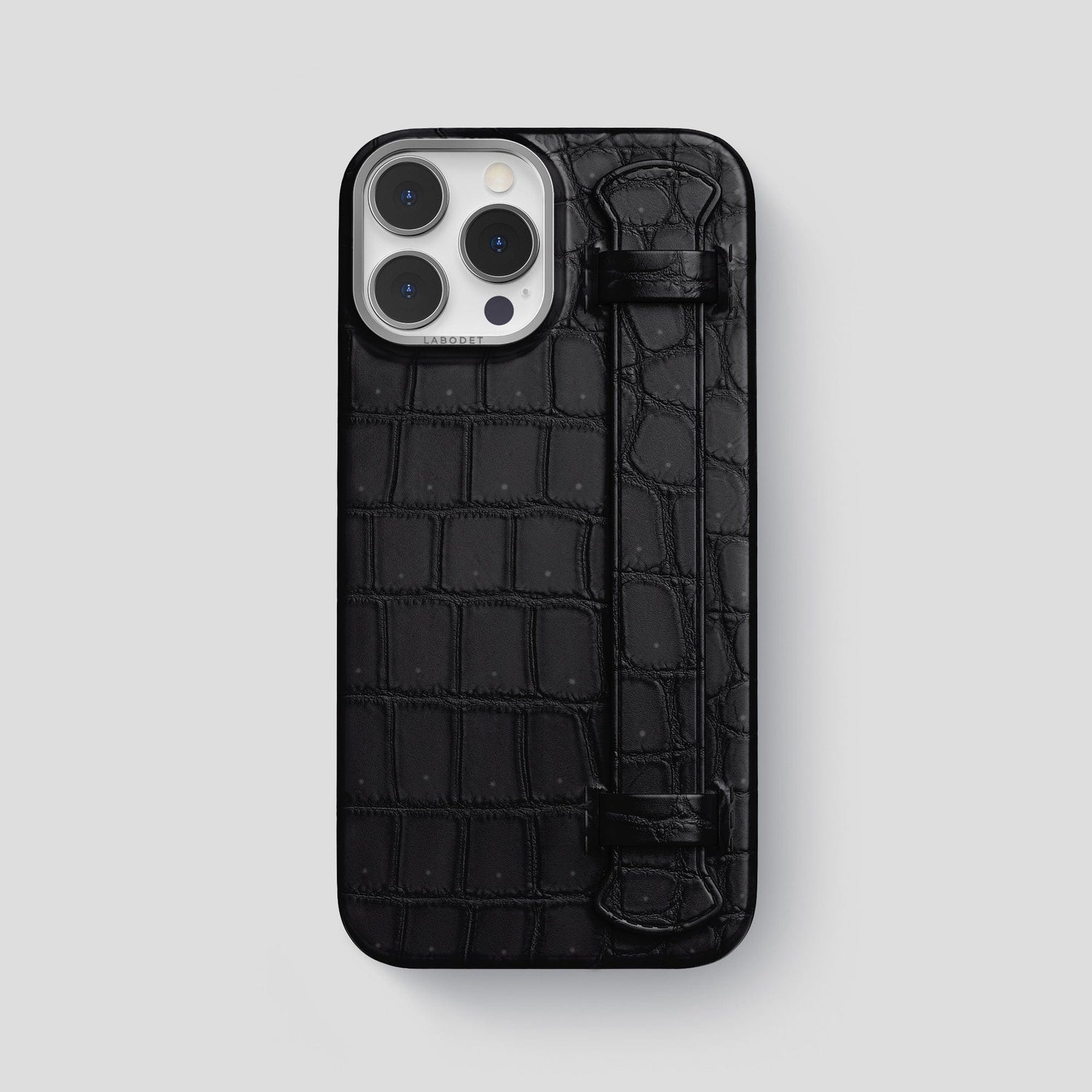 Black iPhone 15 Pro Max Strap Case Porosus Crocodile with Steel Metal -1 | Black-Steel