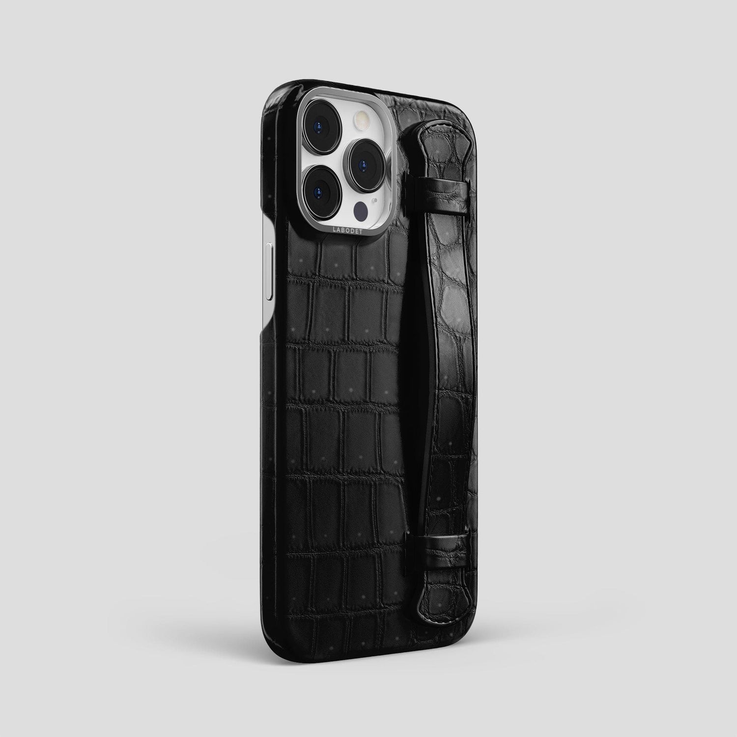 Black iPhone 15 Pro Max Strap Case Porosus Crocodile with Steel Metal -2 | Black-Steel