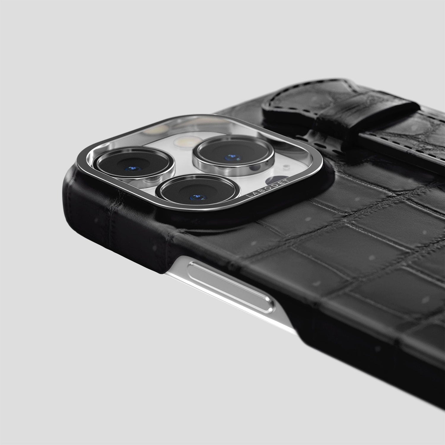 Black iPhone 15 Pro Max Strap Case Porosus Crocodile with Steel Metal -6 | Black-Steel