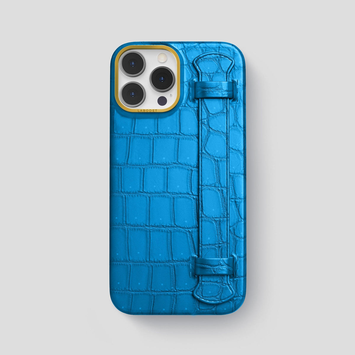 Blue-Lagoon iPhone 15 Pro Max Strap Case Porosus Crocodile with Gold Metal -1 | Blue-Lagoon-Gold