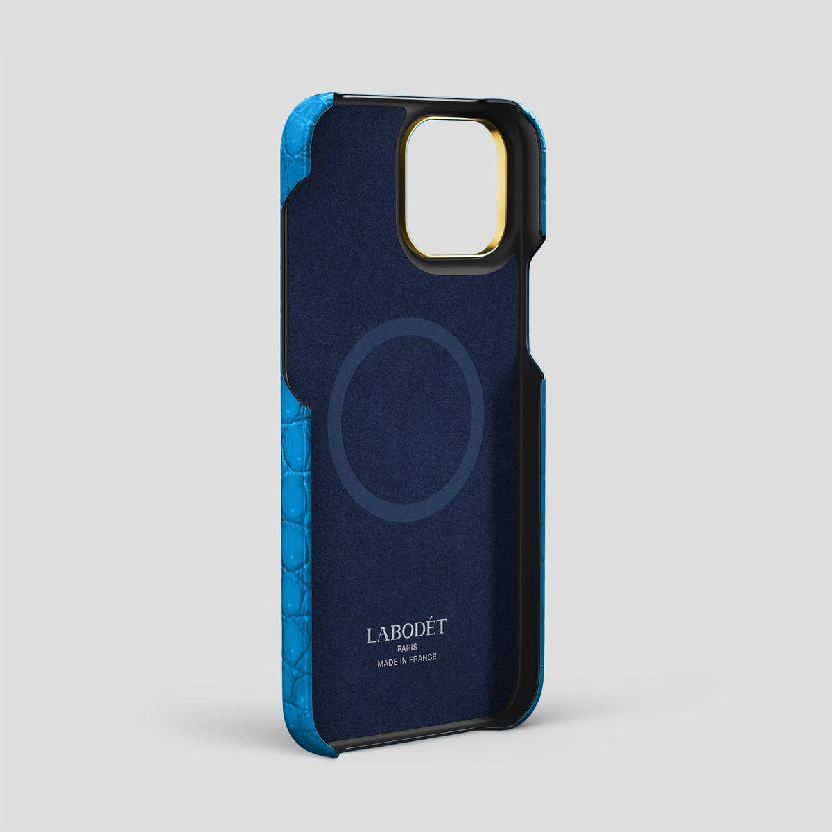 Blue-Lagoon iPhone 15 Pro Max Strap Case Porosus Crocodile with Gold Metal -4 | Blue-Lagoon-Gold
