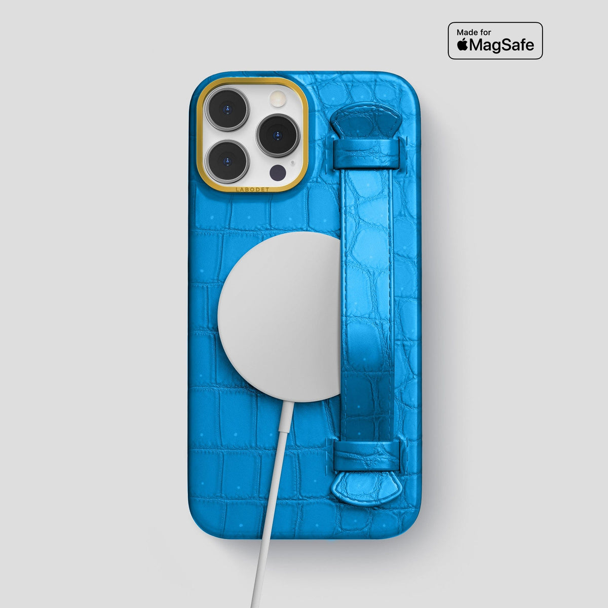 Blue-Lagoon iPhone 15 Pro Max Strap Case Porosus Crocodile with Gold Metal -5 | Blue-Lagoon-Gold
