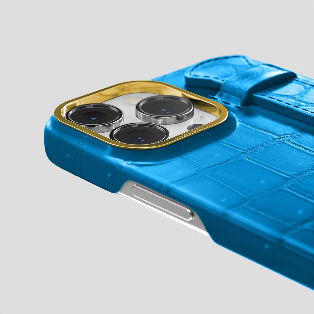 Blue-Lagoon iPhone 15 Pro Max Strap Case Porosus Crocodile with Gold Metal -6 | Blue-Lagoon-Gold