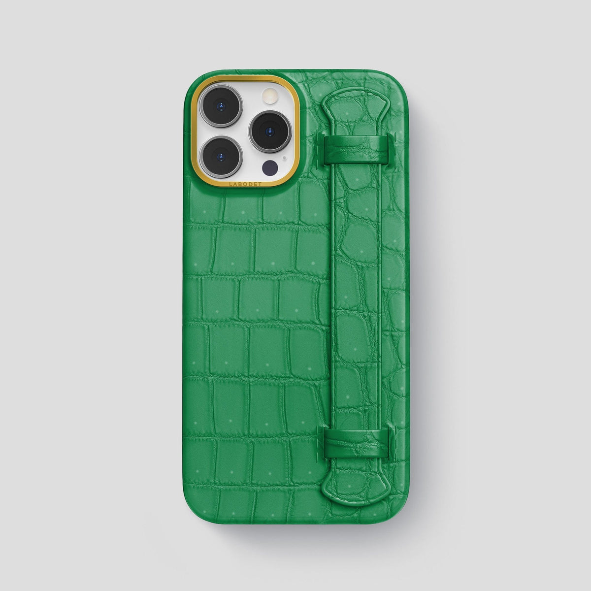 Cactus-Green iPhone 15 Pro Max Strap Case Porosus Crocodile with Gold Metal -1 | Cactus-Green-Gold