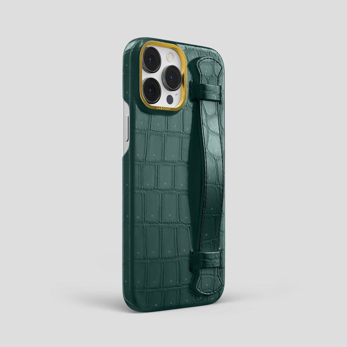 Dark-Forest iPhone 15 Pro Max Strap Case Porosus Crocodile with Gold Metal -2 | Dark-Forest-Gold