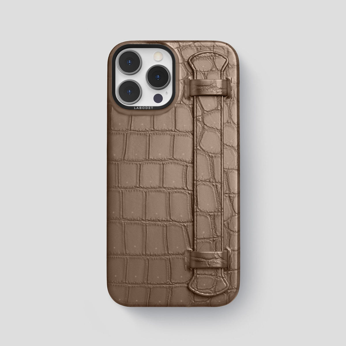 Fur-Brown iPhone 15 Pro Max Strap Case Porosus Crocodile with Black Metal -1 | Fur-Brown-Black