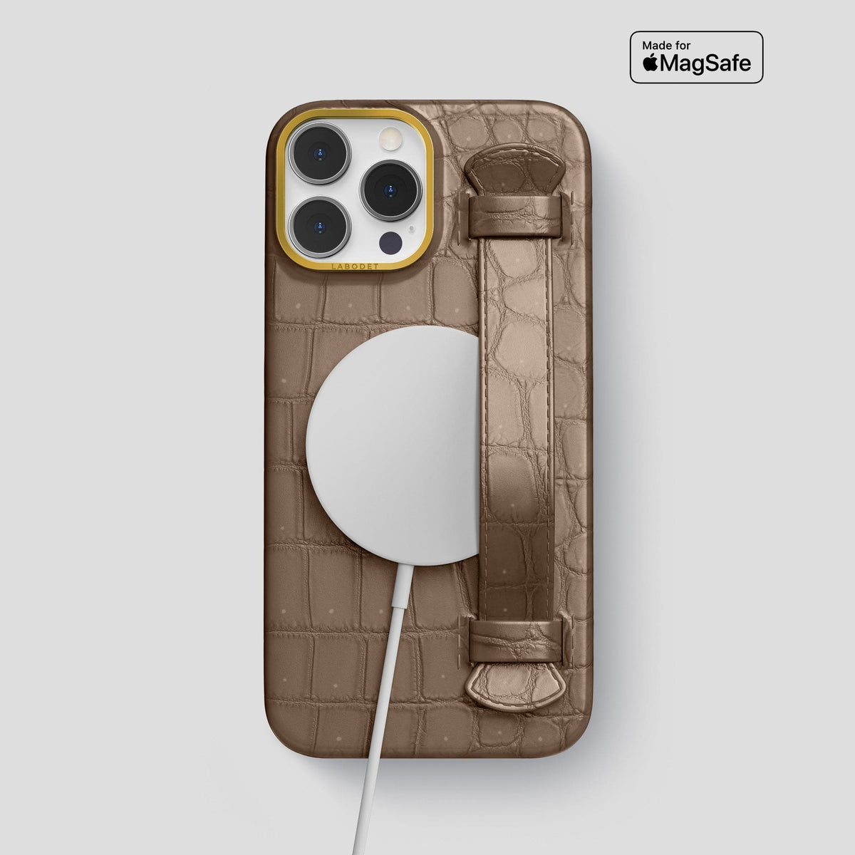 Fur-Brown iPhone 15 Pro Max Strap Case Porosus Crocodile with Gold Metal -5 | Fur-Brown-Gold