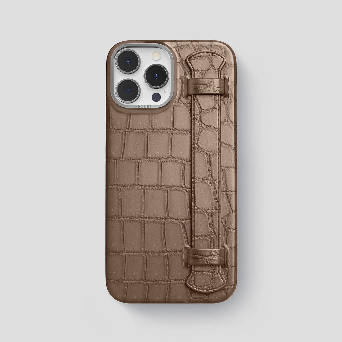 Fur-Brown iPhone 15 Pro Max Strap Case Porosus Crocodile with Steel Metal -1 | Fur-Brown-Steel