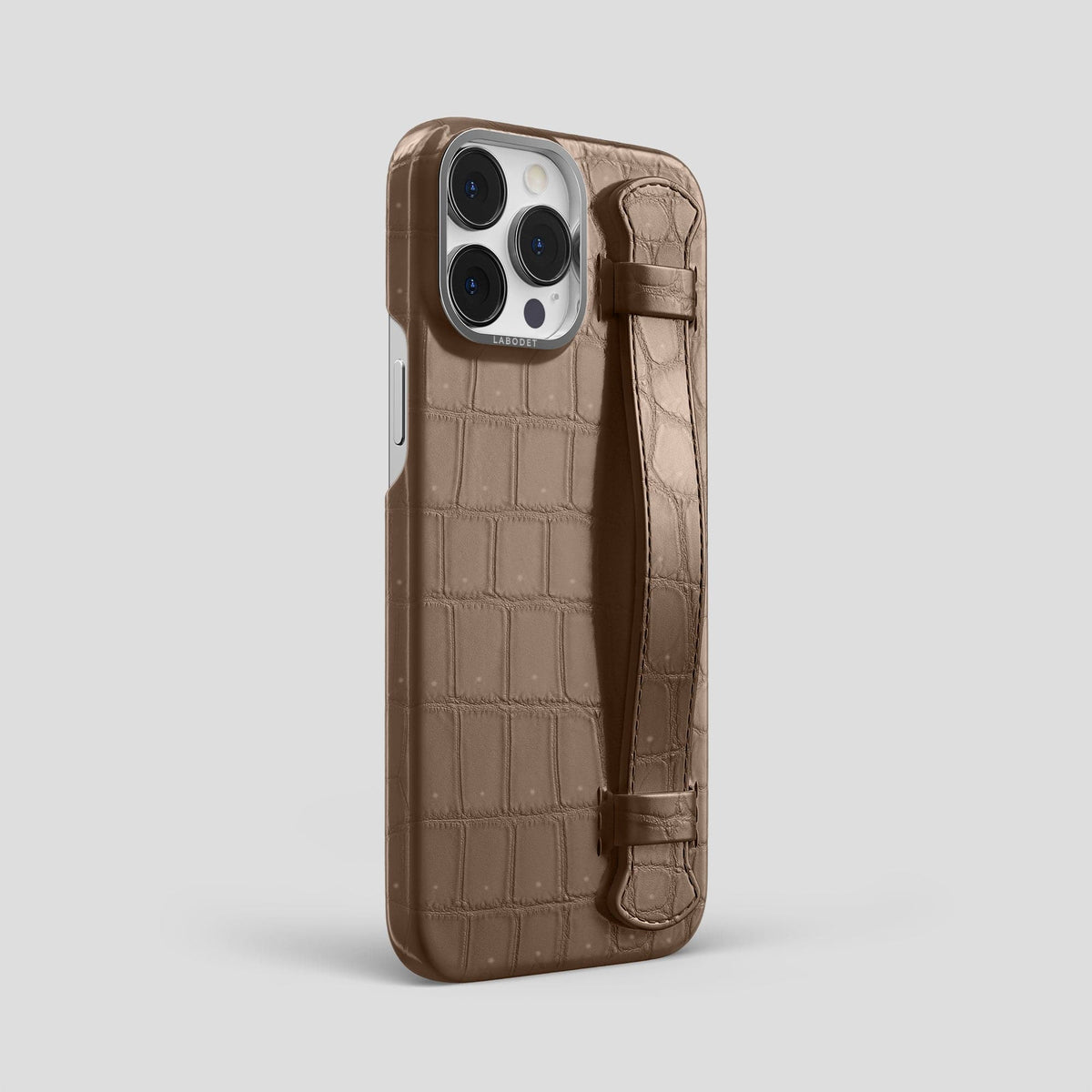 Fur-Brown iPhone 15 Pro Max Strap Case Porosus Crocodile with Steel Metal -2 | Fur-Brown-Steel