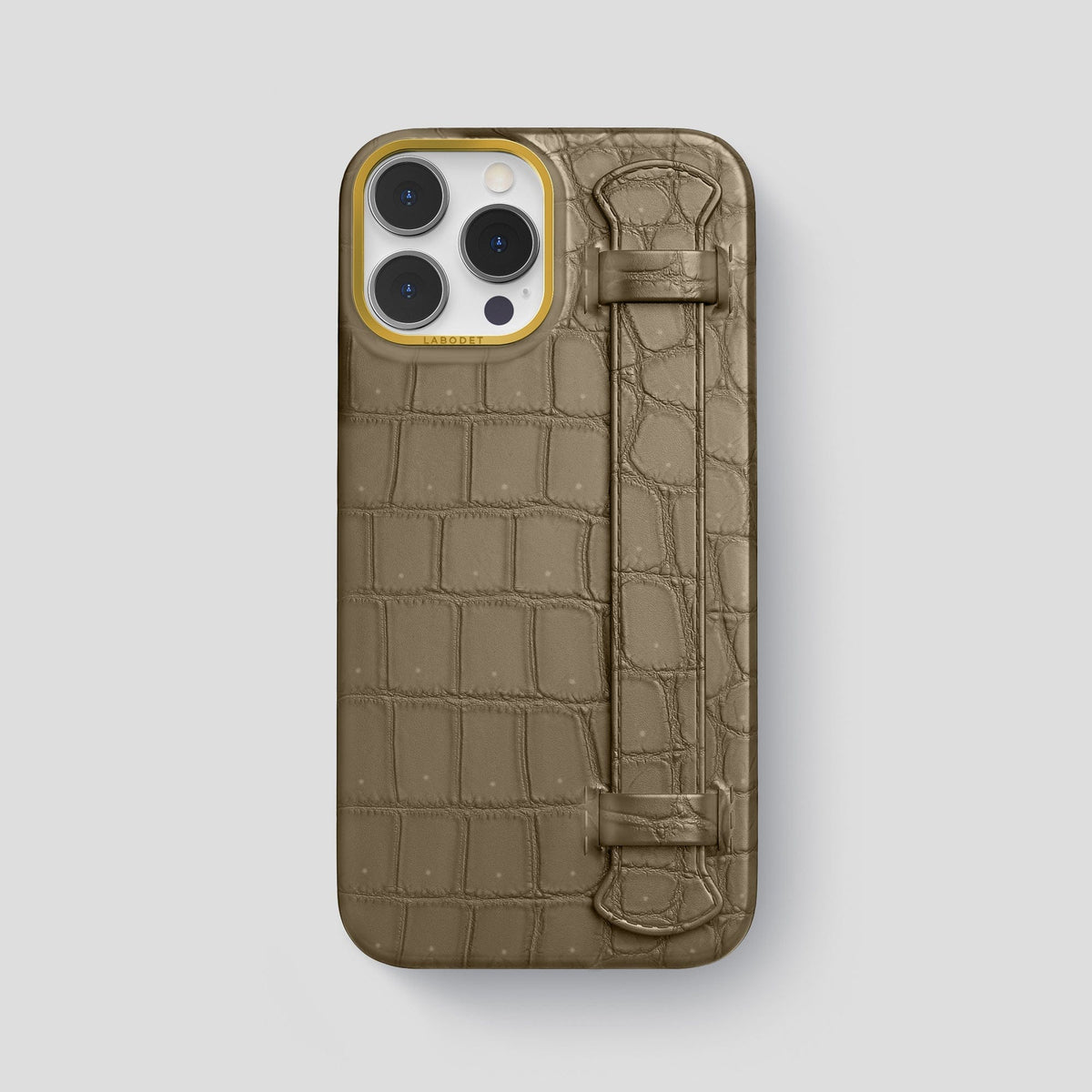 Kaki-Green iPhone 15 Pro Max Strap Case Porosus Crocodile with Gold Metal -1 | Kaki-Green-Gold