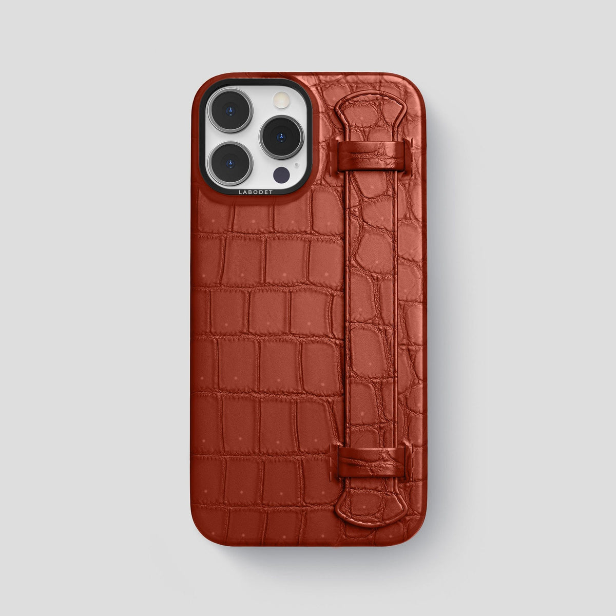 Mahogany-Brown iPhone 15 Pro Max Strap Case Porosus Crocodile with Black Metal -1 | Mahogany-Brown-Black