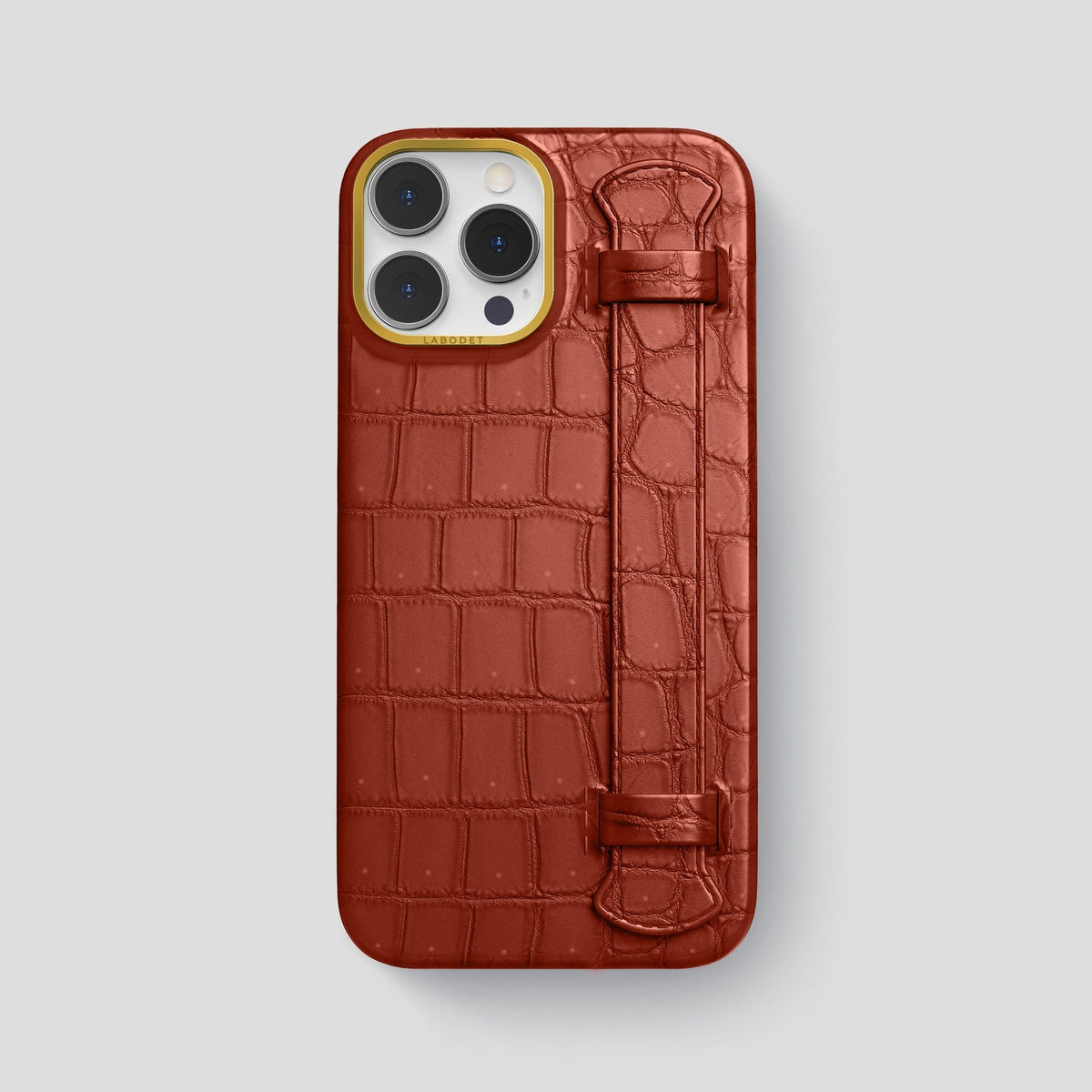 Mahogany-Brown iPhone 15 Pro Max Strap Case Porosus Crocodile with Gold Metal -1 | Mahogany-Brown-Gold