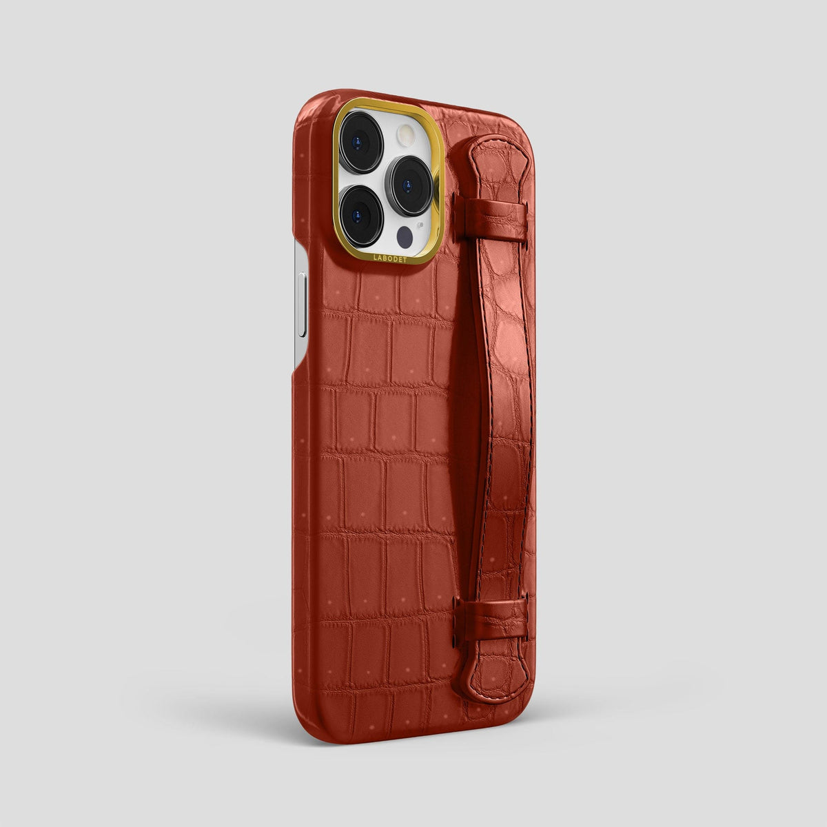 Mahogany-Brown iPhone 15 Pro Max Strap Case Porosus Crocodile with Gold Metal -2 | Mahogany-Brown-Gold