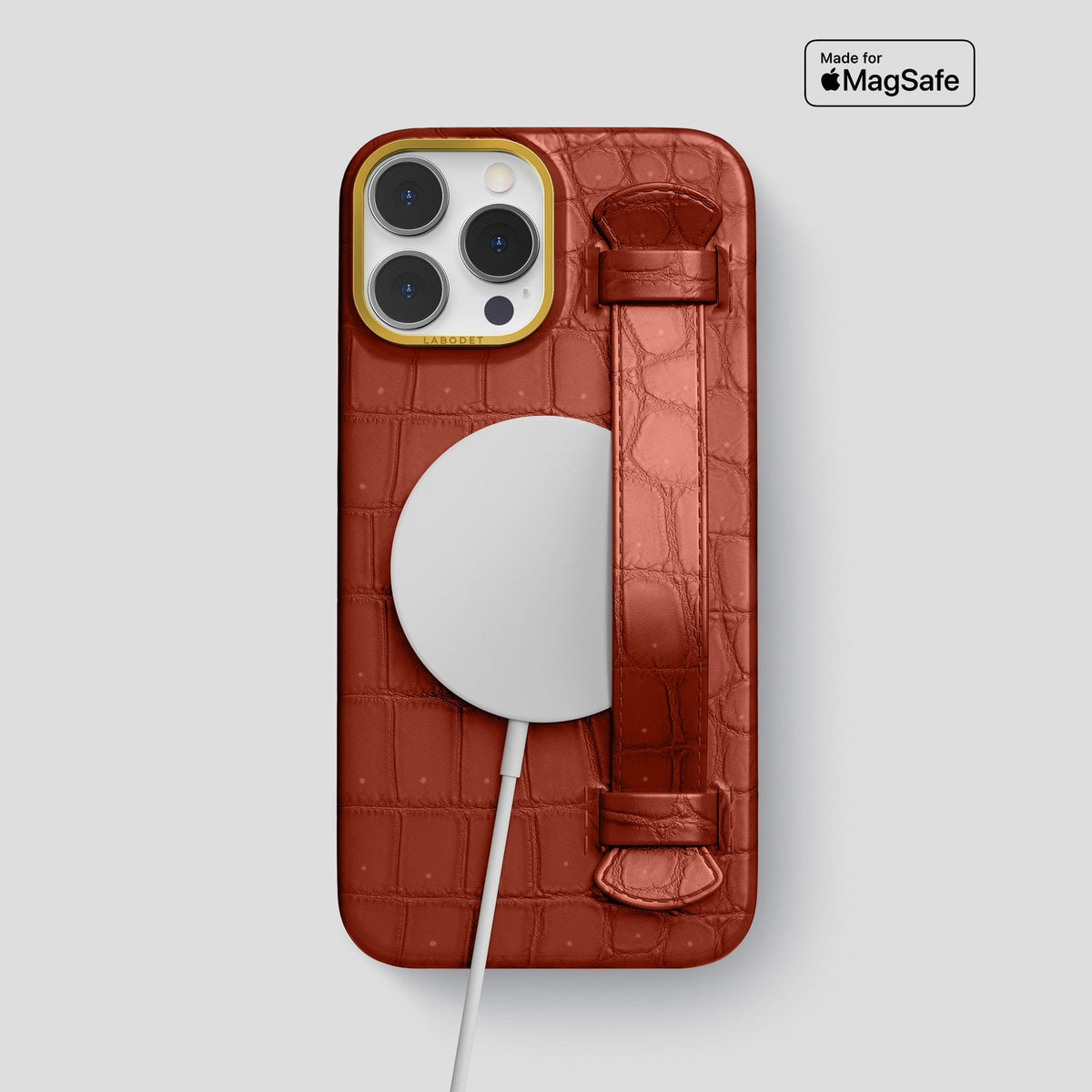 Mahogany-Brown iPhone 15 Pro Max Strap Case Porosus Crocodile with Gold Metal -5 | Mahogany-Brown-Gold
