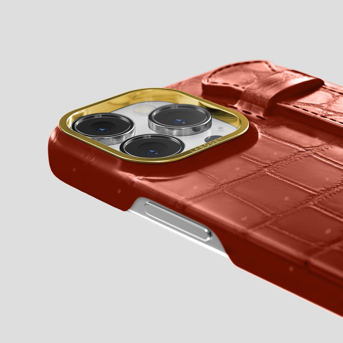 Mahogany-Brown iPhone 15 Pro Max Strap Case Porosus Crocodile with Gold Metal -6 | Mahogany-Brown-Gold