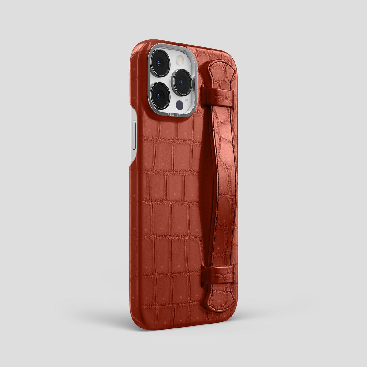 Mahogany-Brown iPhone 15 Pro Max Strap Case Porosus Crocodile with Steel Metal -2 | Mahogany-Brown-Steel