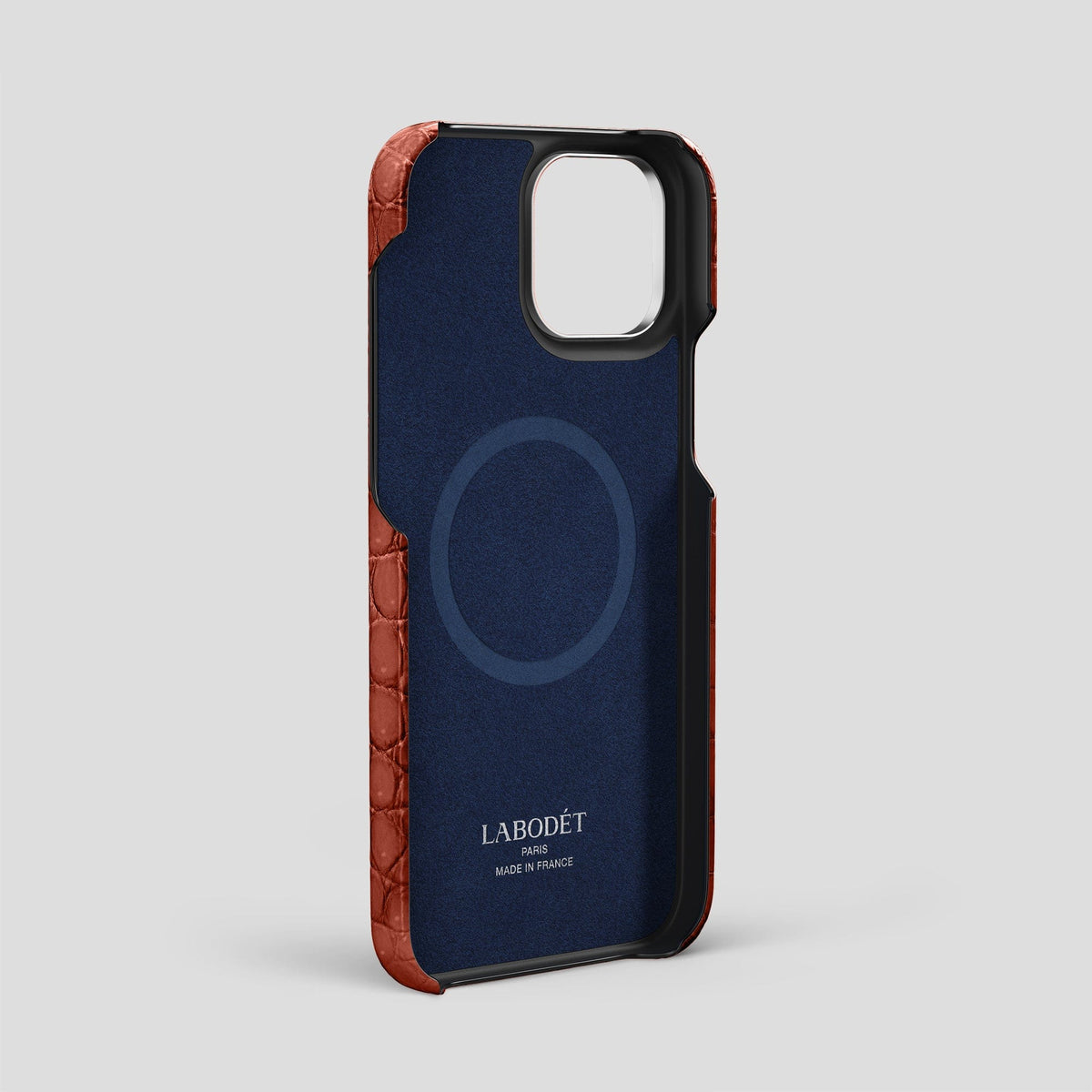Mahogany-Brown iPhone 15 Pro Max Strap Case Porosus Crocodile with Steel Metal -4 | Mahogany-Brown-Steel