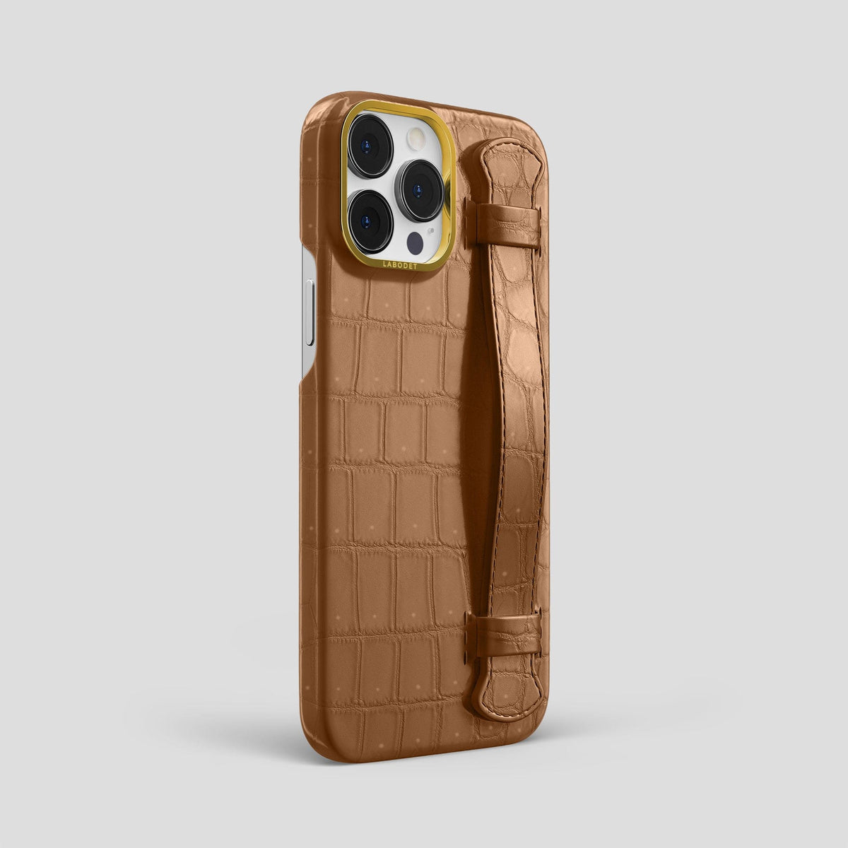 Milk-Chocolate iPhone 15 Pro Max Strap Case Porosus Crocodile with Gold Metal -2 | Milk-Chocolate-Gold