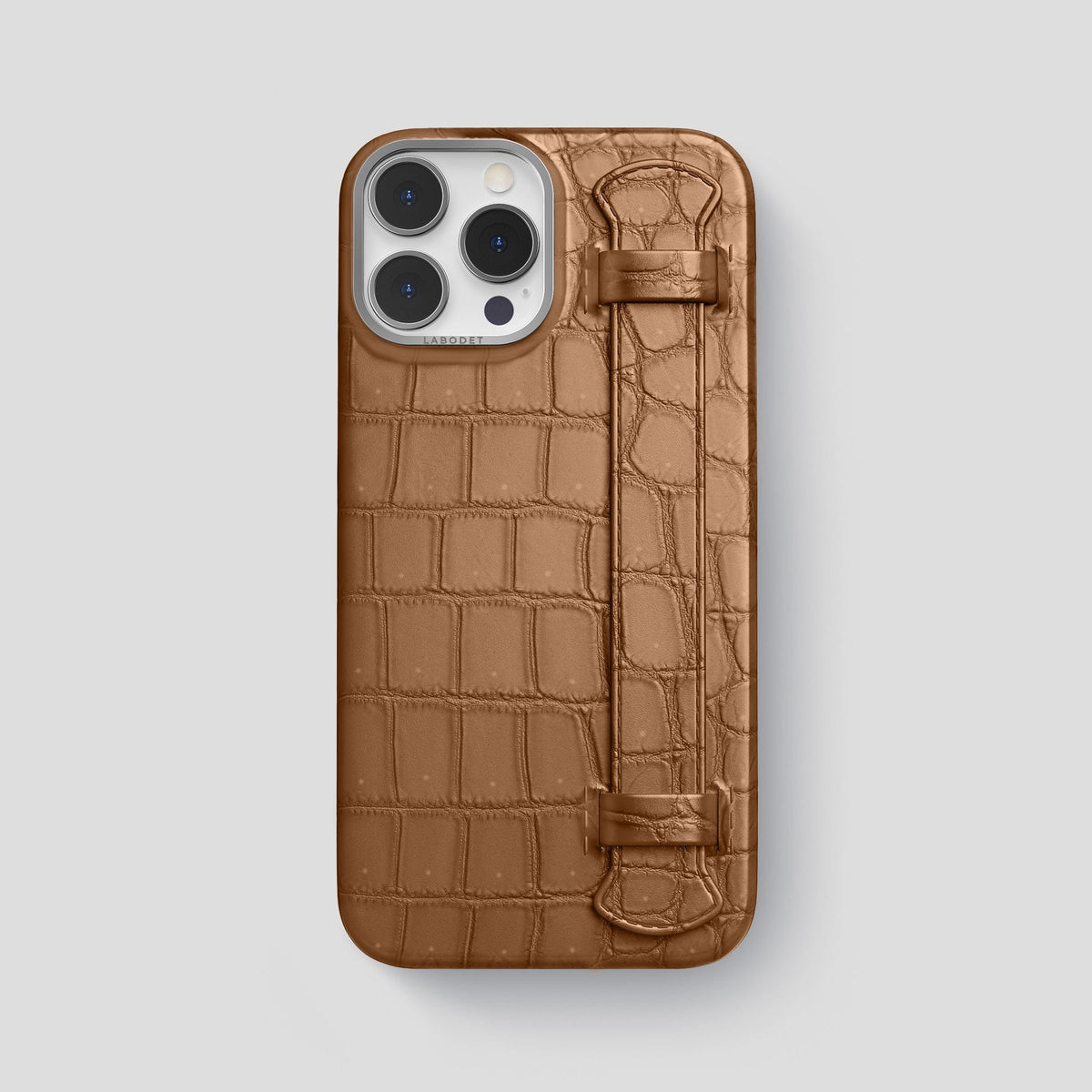 Milk-Chocolate iPhone 15 Pro Max Strap Case Porosus Crocodile with Steel Metal -1 | Milk-Chocolate-Steel