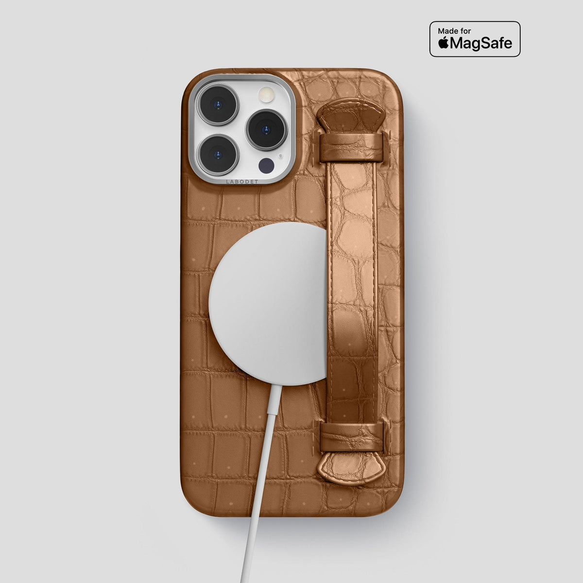 Milk-Chocolate iPhone 15 Pro Max Strap Case Porosus Crocodile with Steel Metal -5 | Milk-Chocolate-Steel