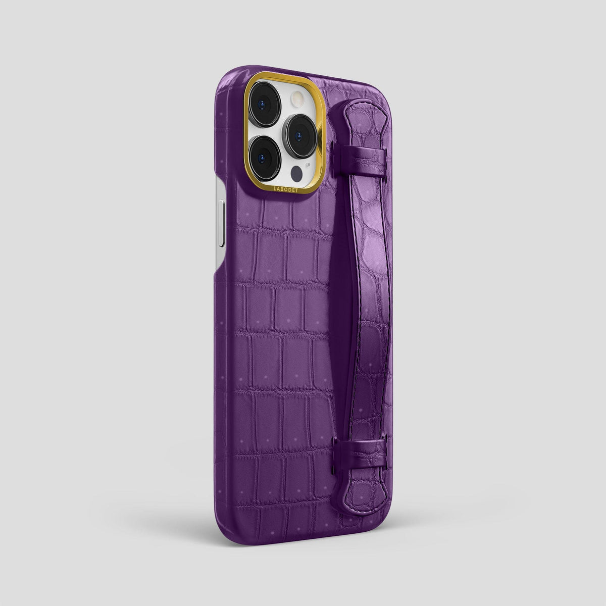 Purple iPhone 15 Pro Max Strap Case Porosus Crocodile with Gold Metal -2 | Purple-Gold