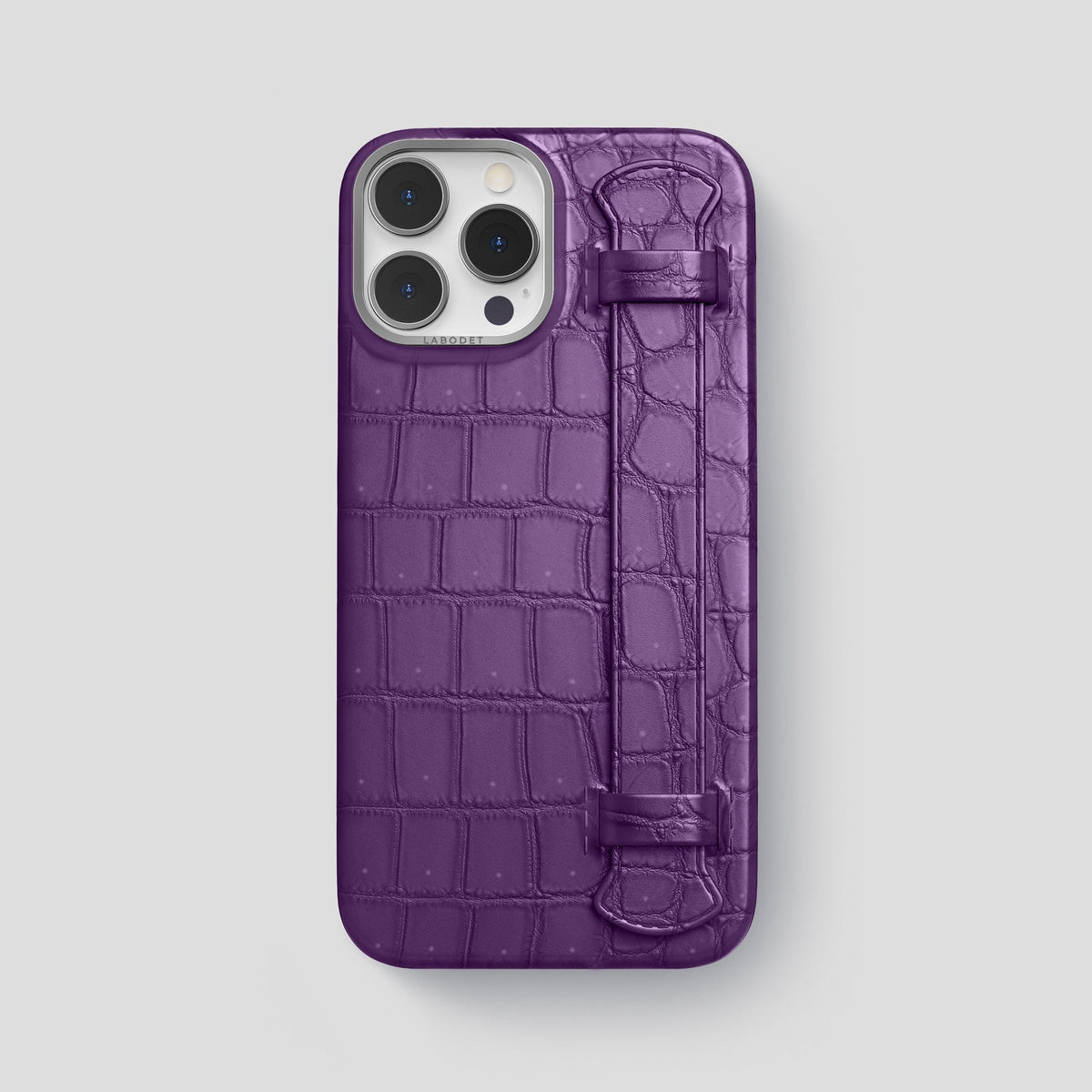 Purple iPhone 15 Pro Max Strap Case Porosus Crocodile with Steel Metal -1 | Purple-Steel