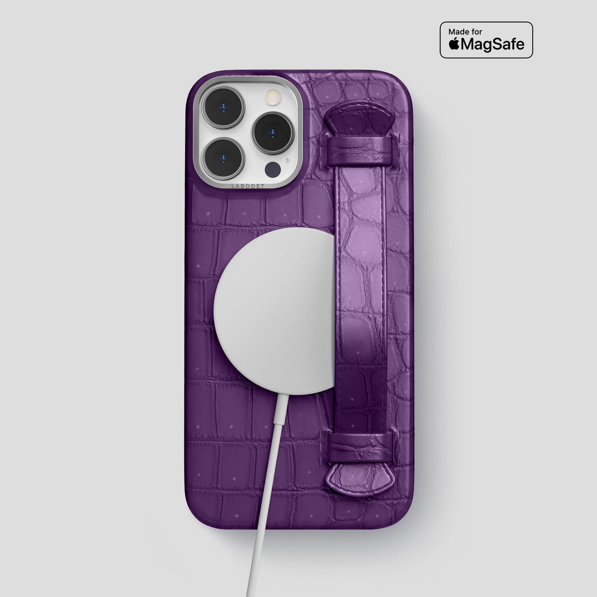 Purple iPhone 15 Pro Max Strap Case Porosus Crocodile with Steel Metal -5 | Purple-Steel