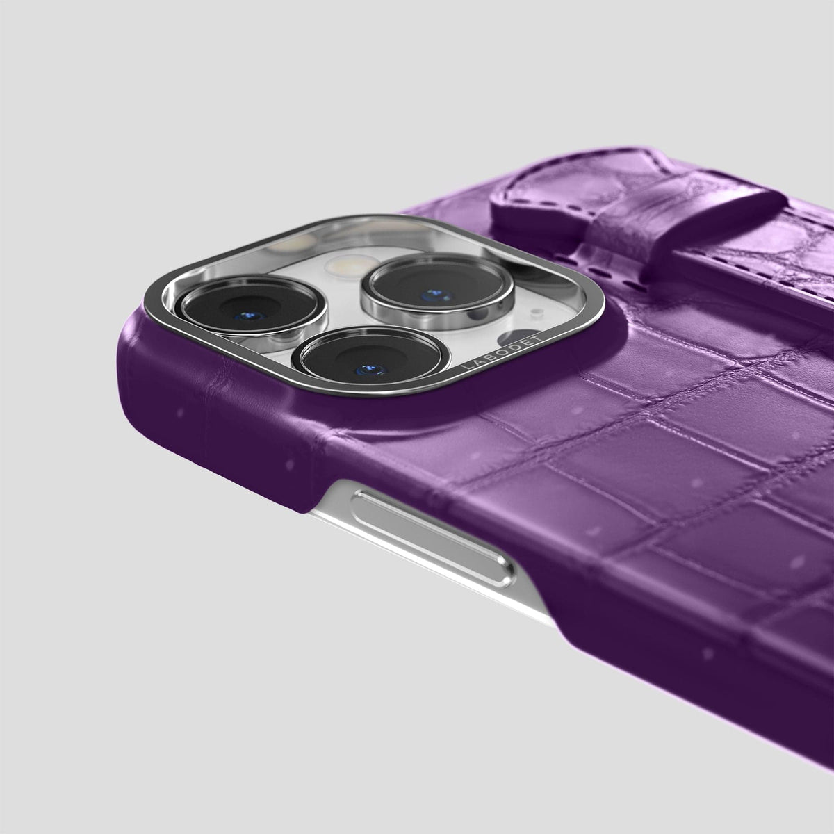 Purple iPhone 15 Pro Max Strap Case Porosus Crocodile with Steel Metal -6 | Purple-Steel