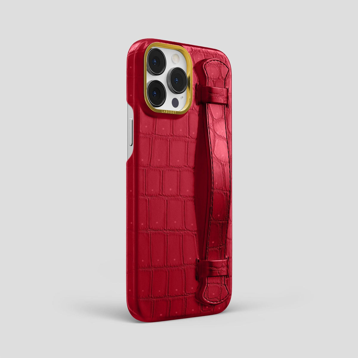 Burgundy iPhone 15 Pro Max Strap Case Porosus Crocodile with Gold Metal -2 | Burgundy-Gold