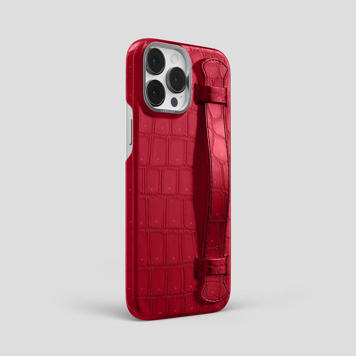 Burgundy iPhone 15 Pro Max Strap Case Porosus Crocodile with Steel Metal -2 | Burgundy-Steel