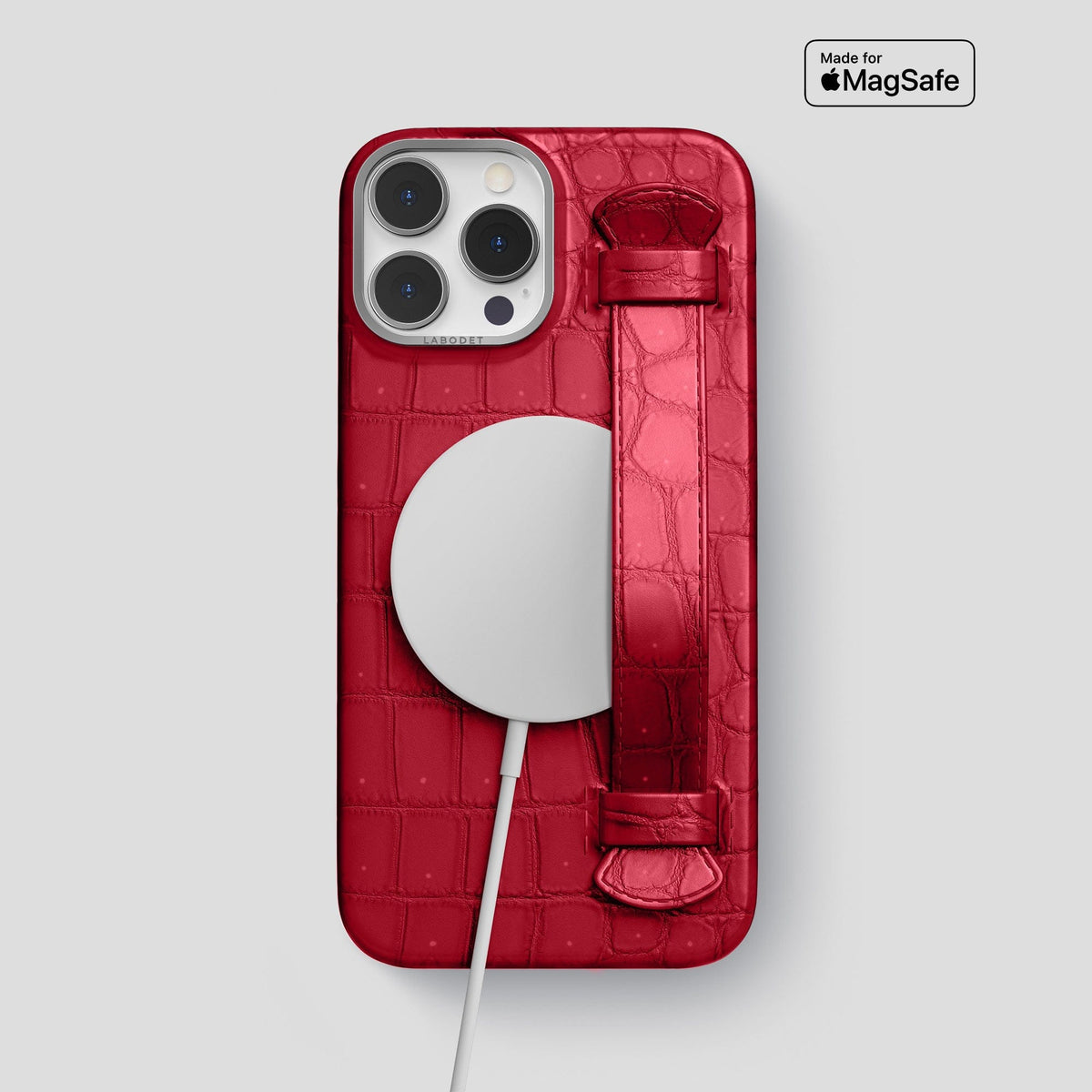 Burgundy iPhone 15 Pro Max Strap Case Porosus Crocodile with Steel Metal -5 | Burgundy-Steel