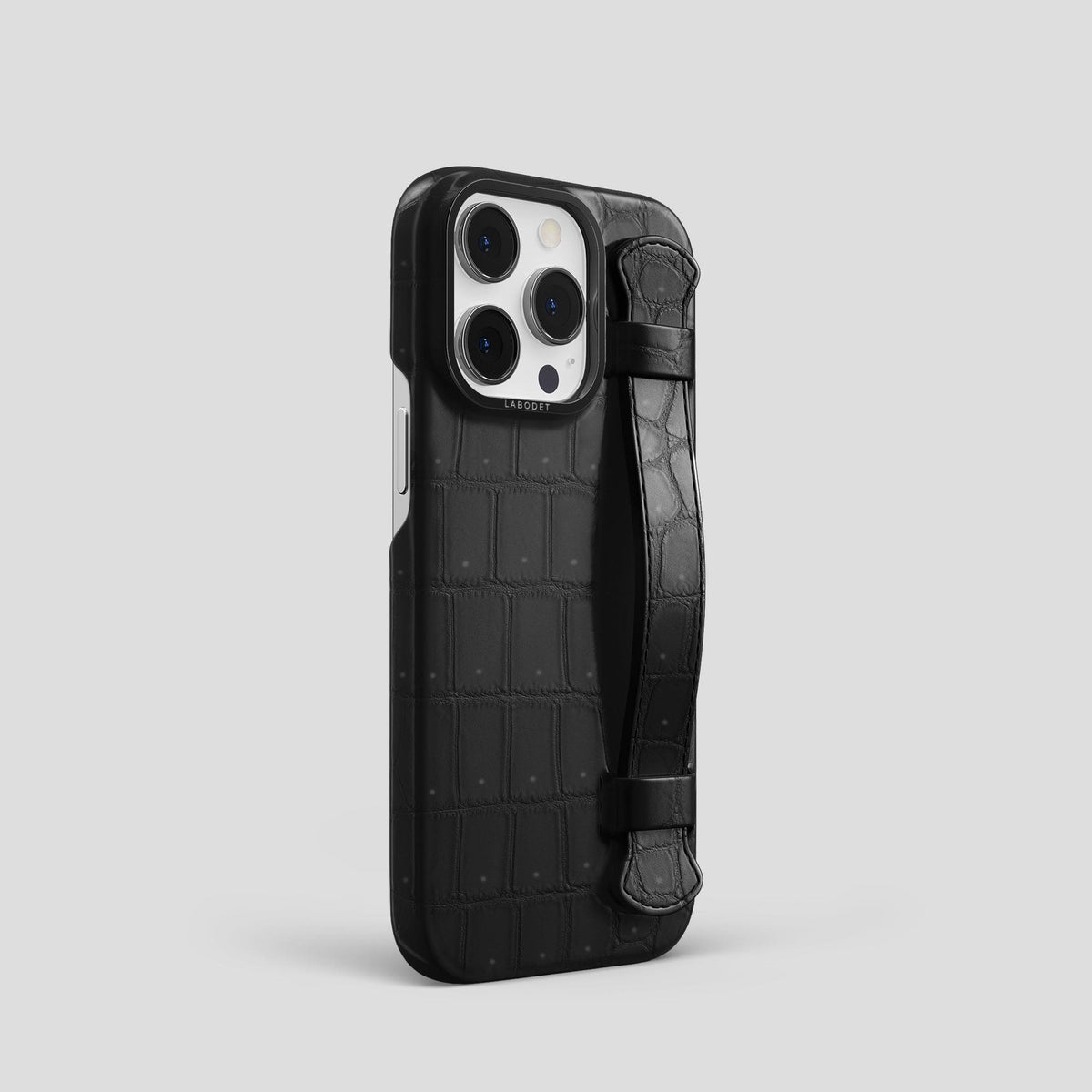 Black iPhone 15 Pro Strap Case Porosus Crocodile with Black Metal -2 | Black-Black