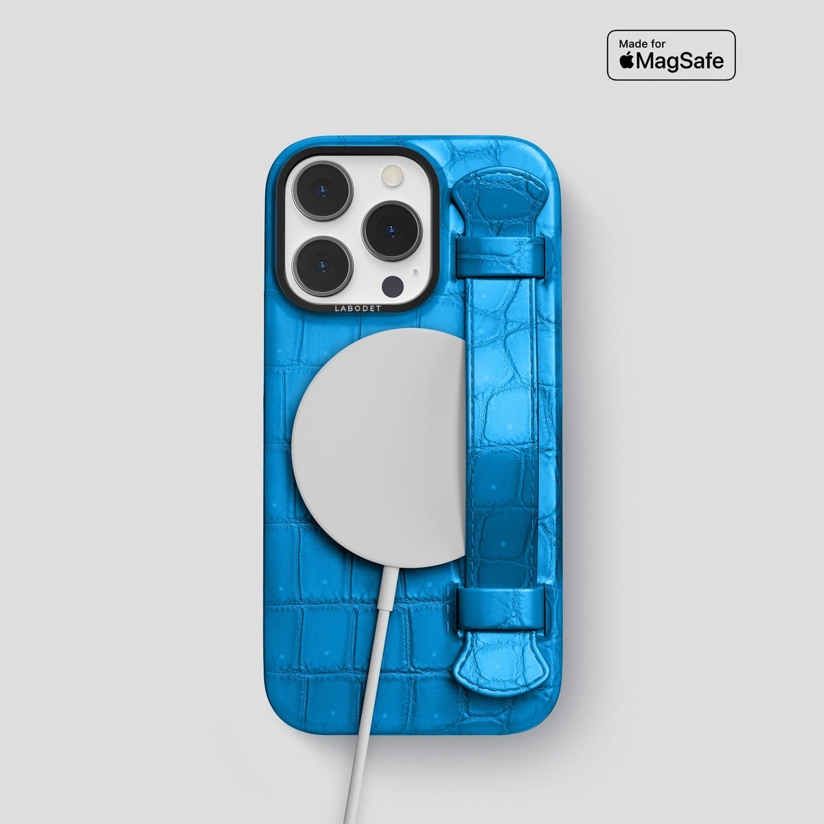 Blue-Lagoon iPhone 15 Pro Strap Case Porosus Crocodile with Black Metal -5 | Blue-Lagoon-Black