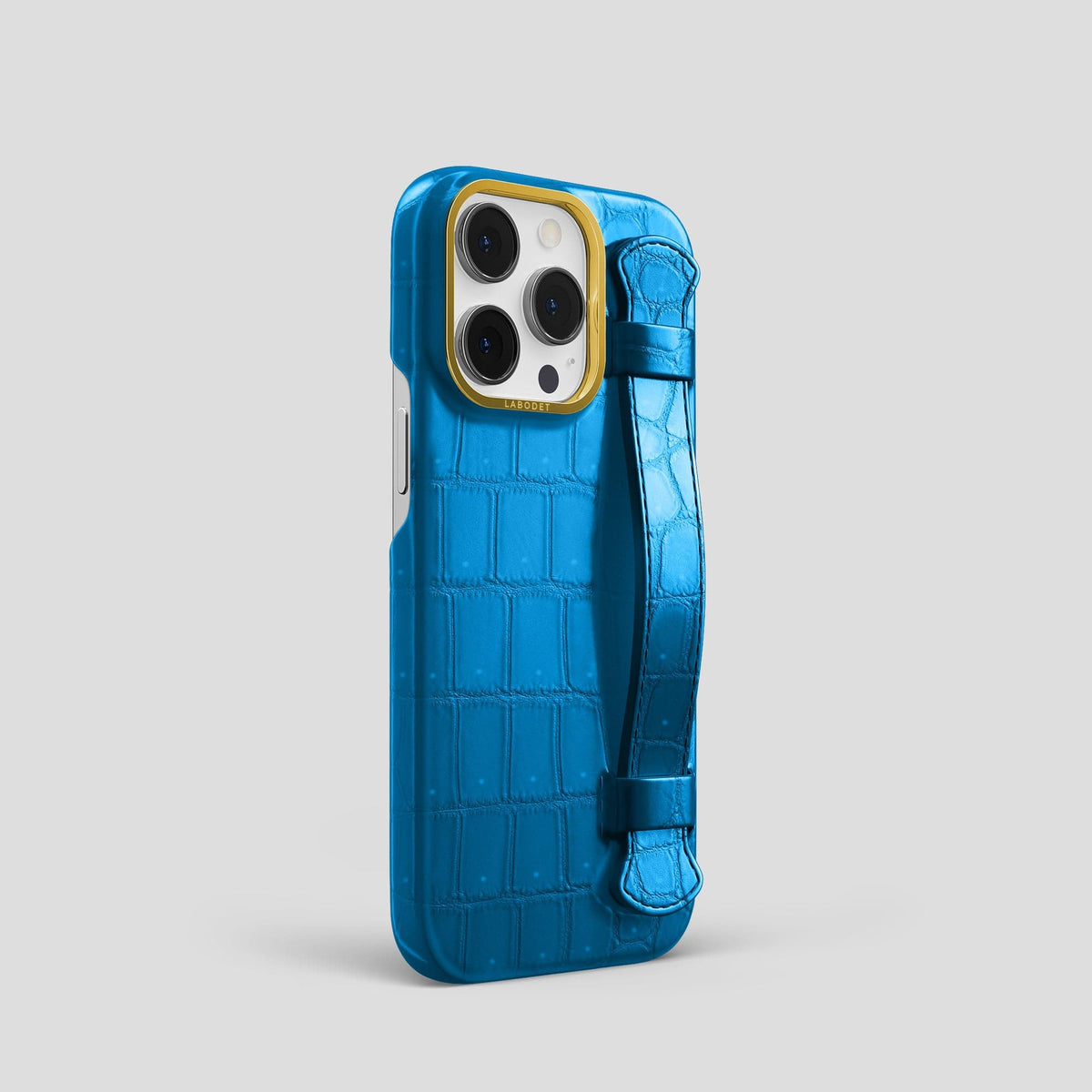 Blue-Lagoon iPhone 15 Pro Strap Case Porosus Crocodile with Gold Metal -2 | Blue-Lagoon-Gold