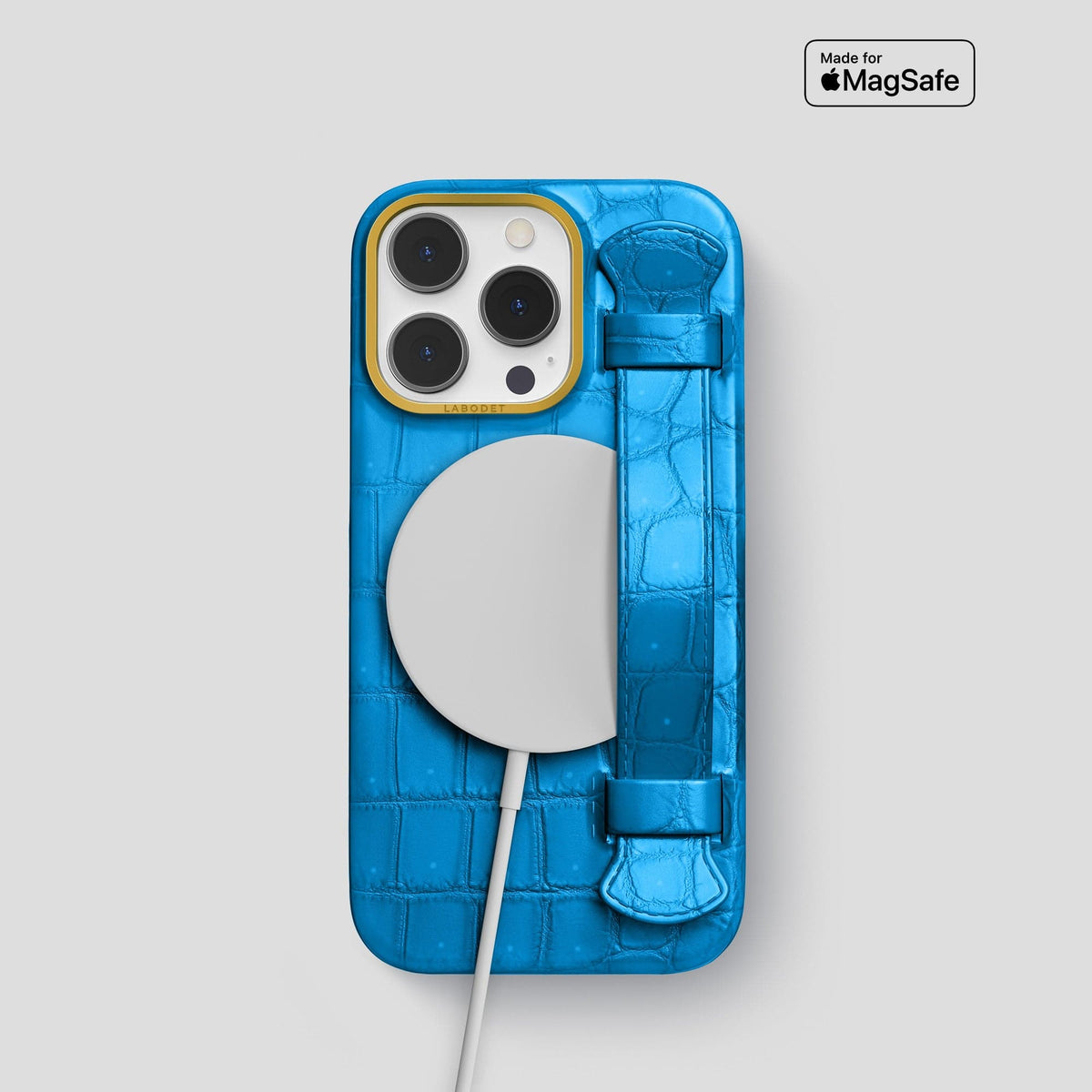 Blue-Lagoon iPhone 15 Pro Strap Case Porosus Crocodile with Gold Metal -5 | Blue-Lagoon-Gold