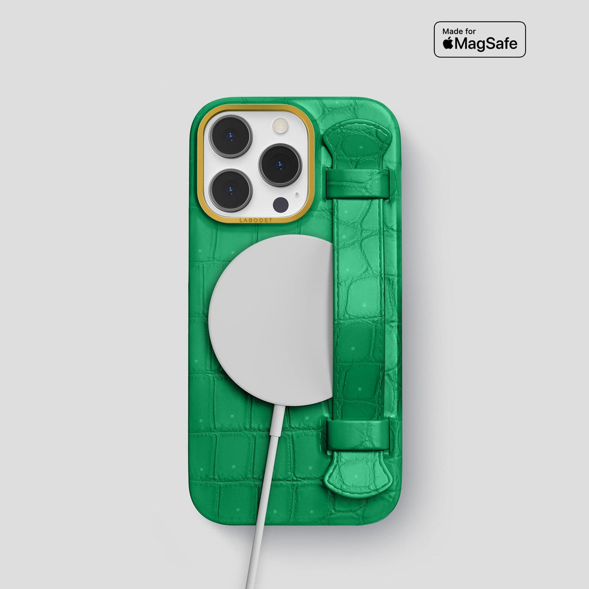 Cactus-Green iPhone 15 Pro Strap Case Porosus Crocodile with Gold Metal -5 | Cactus-Green-Gold